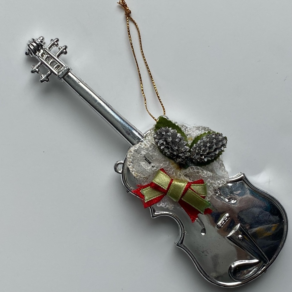 Silver Violin Vintage Christmas Ornament 6” Lace Flower Bow Plastic Music Viola